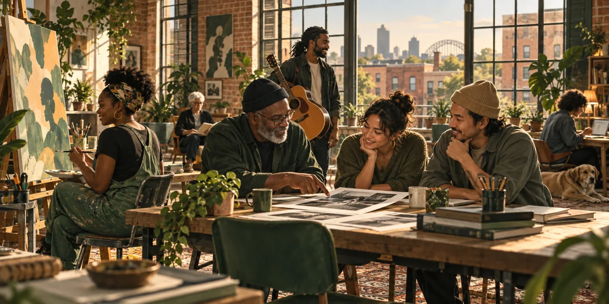 Illustrated neighbors sharing art and ideas in an urban studio