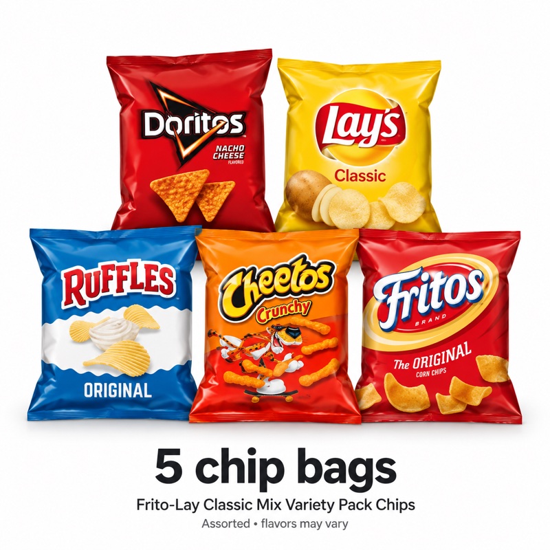 Illustration of one share: 5 sealed chip bags (assorted). Packaging may differ from illustration.