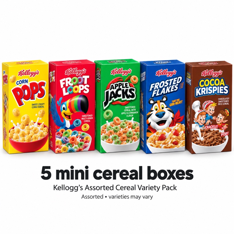 Illustration of one share: 5 sealed mini cereal boxes (assorted). Packaging may differ from illustration.